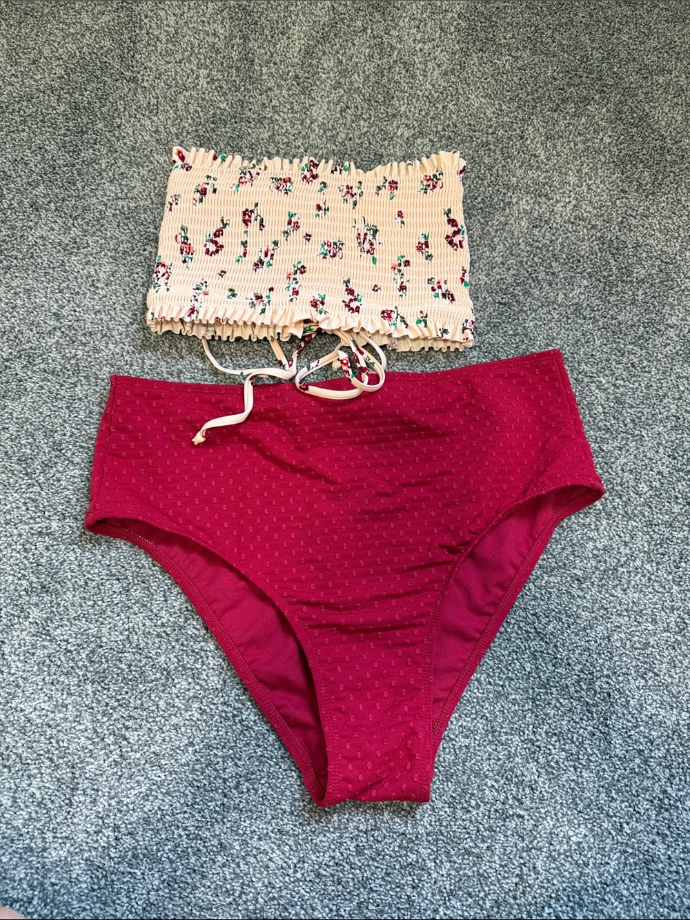Xhilaration Red High-Waist Swim Bottoms with Cream Floral Bandeau